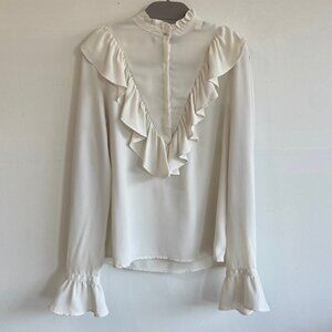 Zara White Long Sleeve Blouse with Ruffle Details